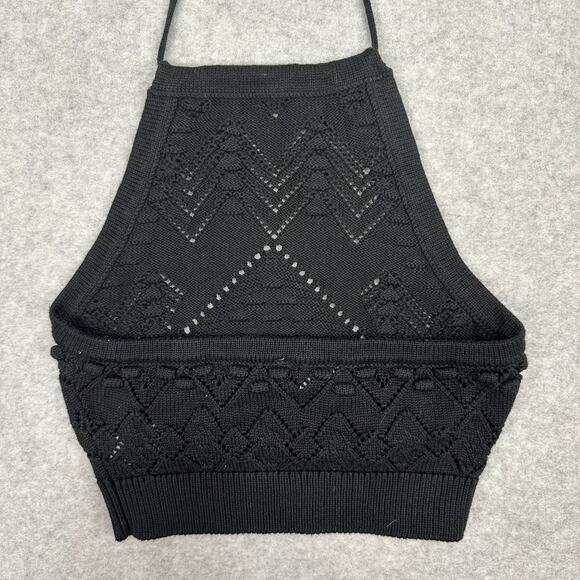 Hunter & Brown Halter Crop Top S Black Crochet Knit Backless Adjustable Tie-Back - Picture 4 of 11
